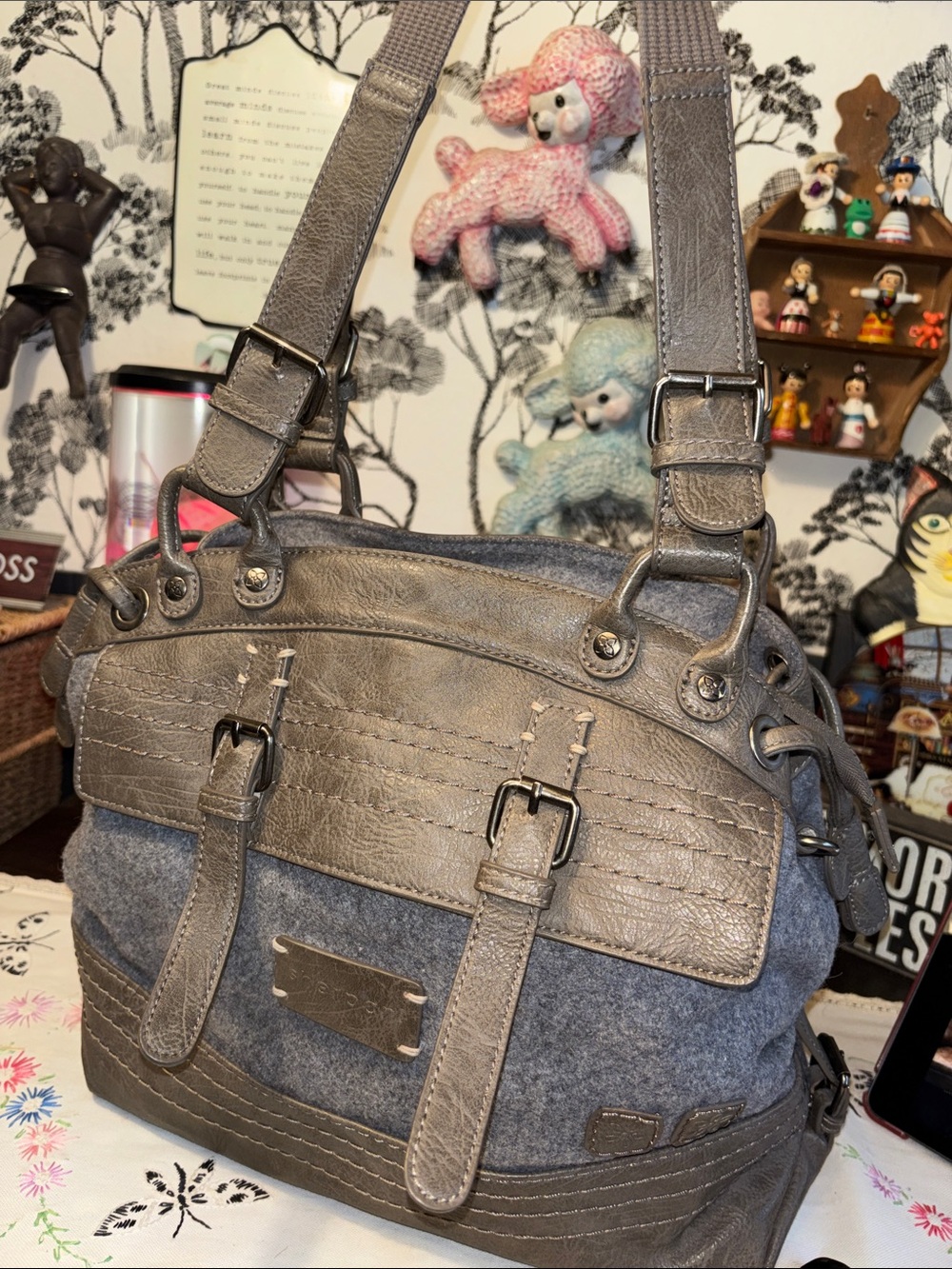 EUC SHERPANI NOLA Laurel Tote TRAVEL BAG PURSE gray wool and faux leather.